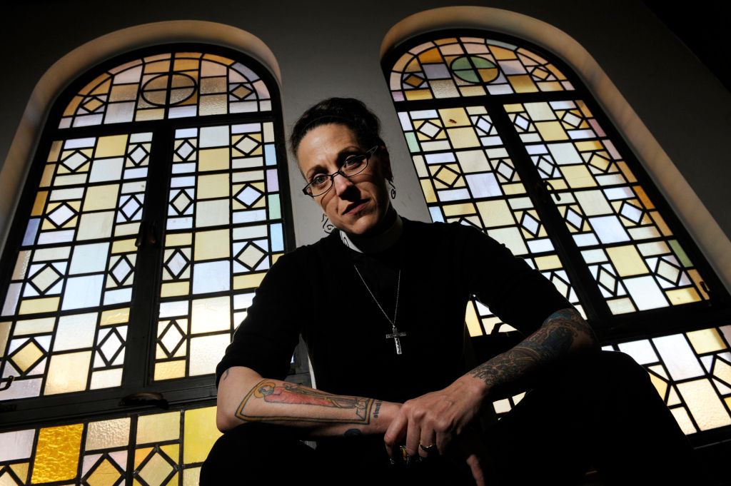 Nadia Bolz-Weber poses for a portrait, Friday, April, 22, 2011, at St. Thomas Episcopal Church in Denver, CO, where her church will begin holding sevices May 1, 2011. Nadia, of House For All Sinners and Saint, a is a rising star in the emergent church, ve